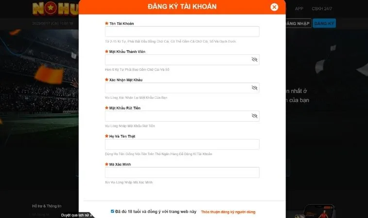 Giao diện đăng ký Nohu90