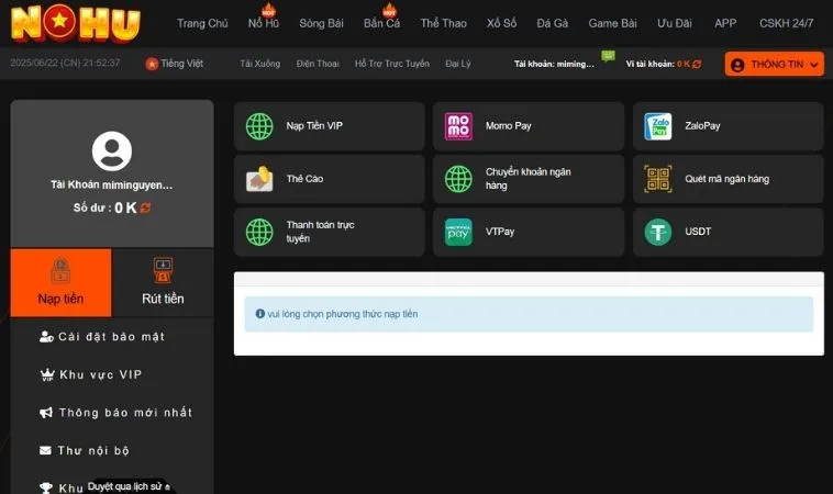 Các phương thức nạp tiền Nohu90