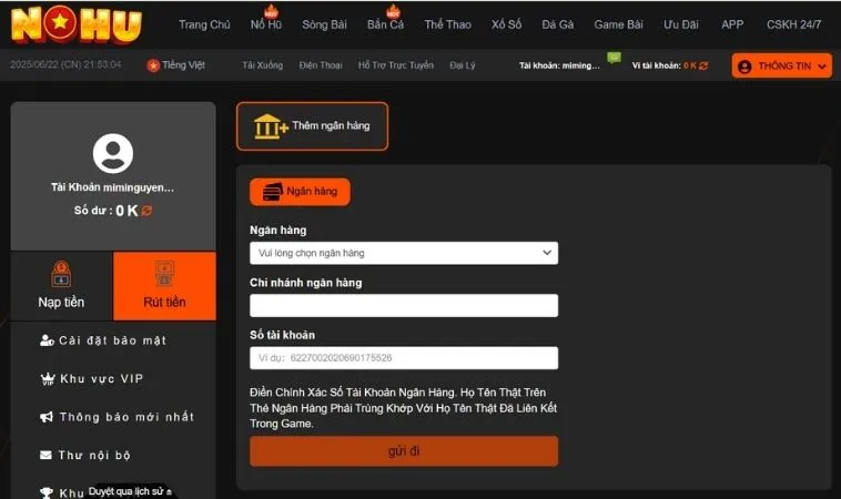 Giao diện Rút Tiền Nohu90