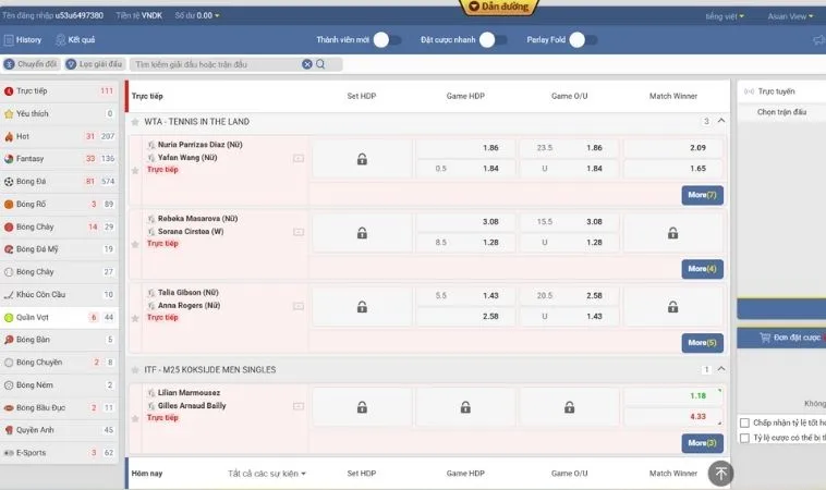 Bảng kèo cá cược Quần Vợt Nohu90