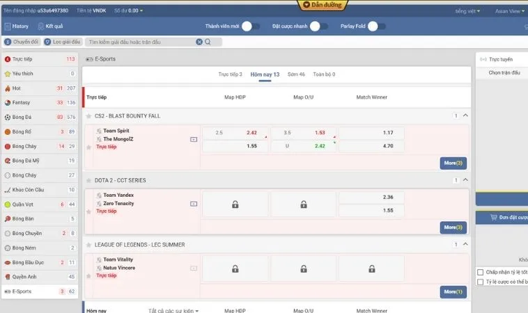 Giao diện cá cược Thể Thao Điện Tử Nohu90