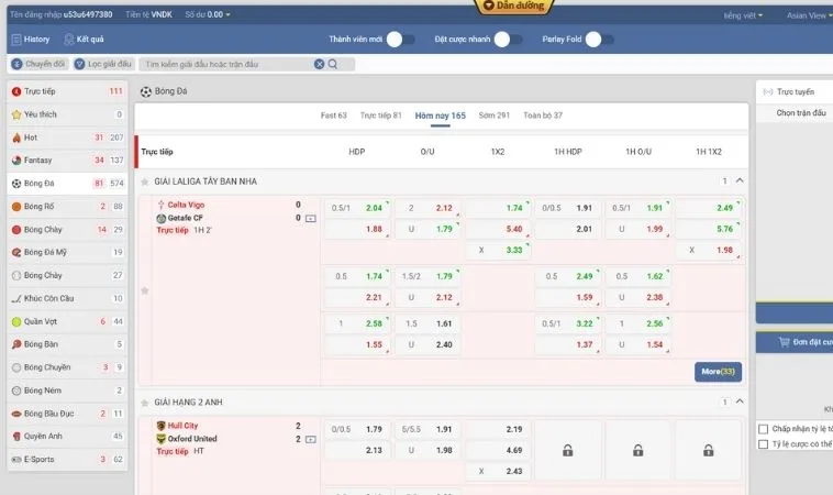 Giao diện cá cược kèo bóng đá Nohu90